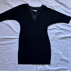 Chico’s Dress, Black w/ Faux Leather Neckline Dolman 3/4 Sleeves Sz 8/M